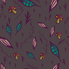 Seamless pattern with mushrooms, leaves and branches