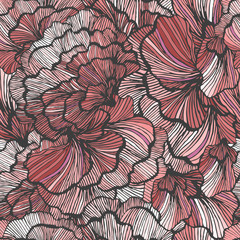 Seamless hand drawn floral pattern. Vector background with peonies, roses. Victorian style botanical texture. Linear flowers