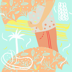 Fototapeta na wymiar Seamless summer pattern with umbrella, palm tree, sandals and barefoot. Memphis style
