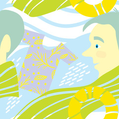 Seamless summer pattern with man face, t-shirt, waves and lifebuoy. Memphis style