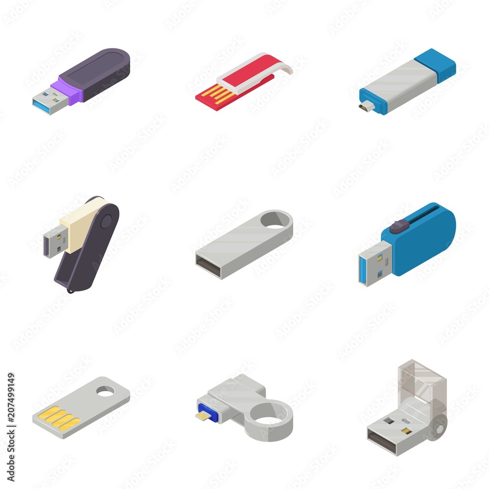 Poster flash memory icons set. isometric set of 9 flash memory vector icons for web isolated on white backg
