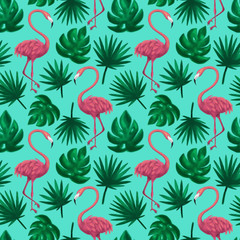 Flamingos Tropical Leaf Seamless Pattern