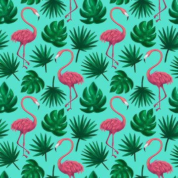 Flamingos Tropical Leaf Seamless Pattern