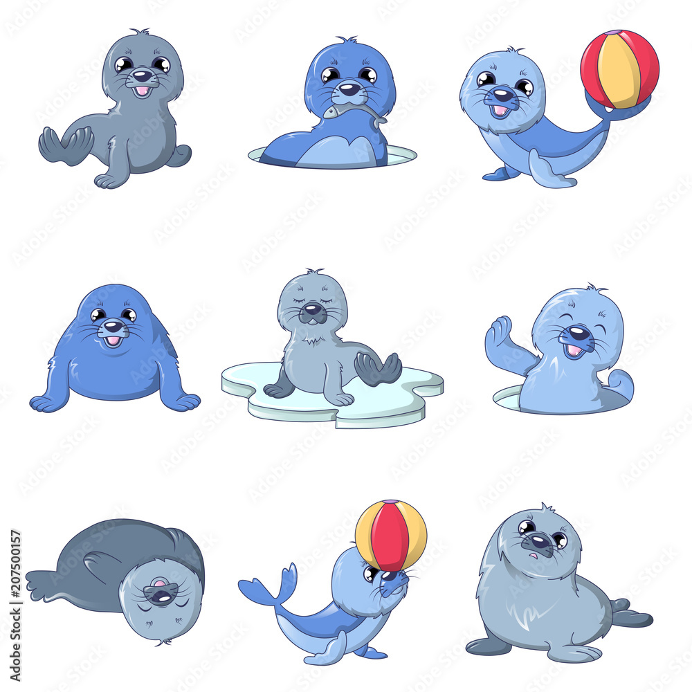 Poster Seal pups cute character icons set. Cartoon illustration of 9 seal pups cute character vector icons for web - Posters