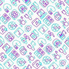 Online music seamless pattern with thin line icons: smartphone with mobile app, headphones, earphones, equalizer, speaker, smart watch, microphones, note. Vector illustration.