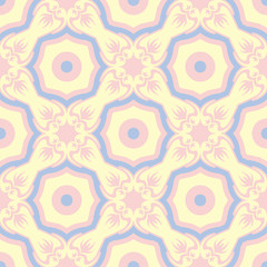 Floral pale pink seamless pattern with blue and beige designs