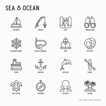 Sea and ocean journey thin line icons set: sailboat, fishing, ship, oysters, anchor, octopus, compass, steering wheel, snorkel, dolphin, sea turtle. Modern vector illustration.
