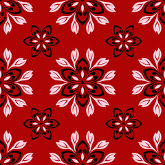 Floral seamless pattern. Black and white design on red background