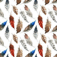 Boho style feather. Hand drawn watercolor.isolated on white.Hippie design elements with gradient.seamless pattern.Rustic feathers Bright colors