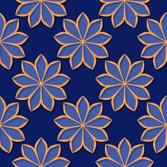 Seamless deep blue background with 3d floral orange elements