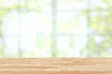 Empty wooden table and window room interior decoration background, product montage display,can be used for display or montage your products.Mock up for display of product.