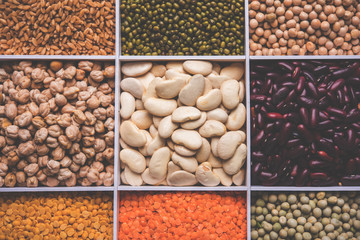 Indian Beans,Pulses,Lentils,Rice and Wheat grain in a white wooden box with cells, selective focus.