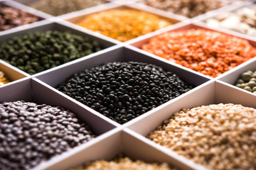 Indian Beans,Pulses,Lentils,Rice and Wheat grain in a white wooden box with cells, selective focus.