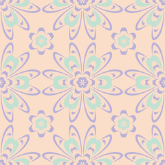Fototapeta na wymiar Beige floral seamless pattern with violet and blue designs