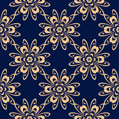 Golden floral element on dark blue background. Seamless pattern