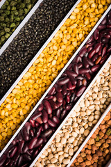Indian Beans,Pulses,Lentils,Rice and Wheat grain in a white box with cells or strips, selective focus.