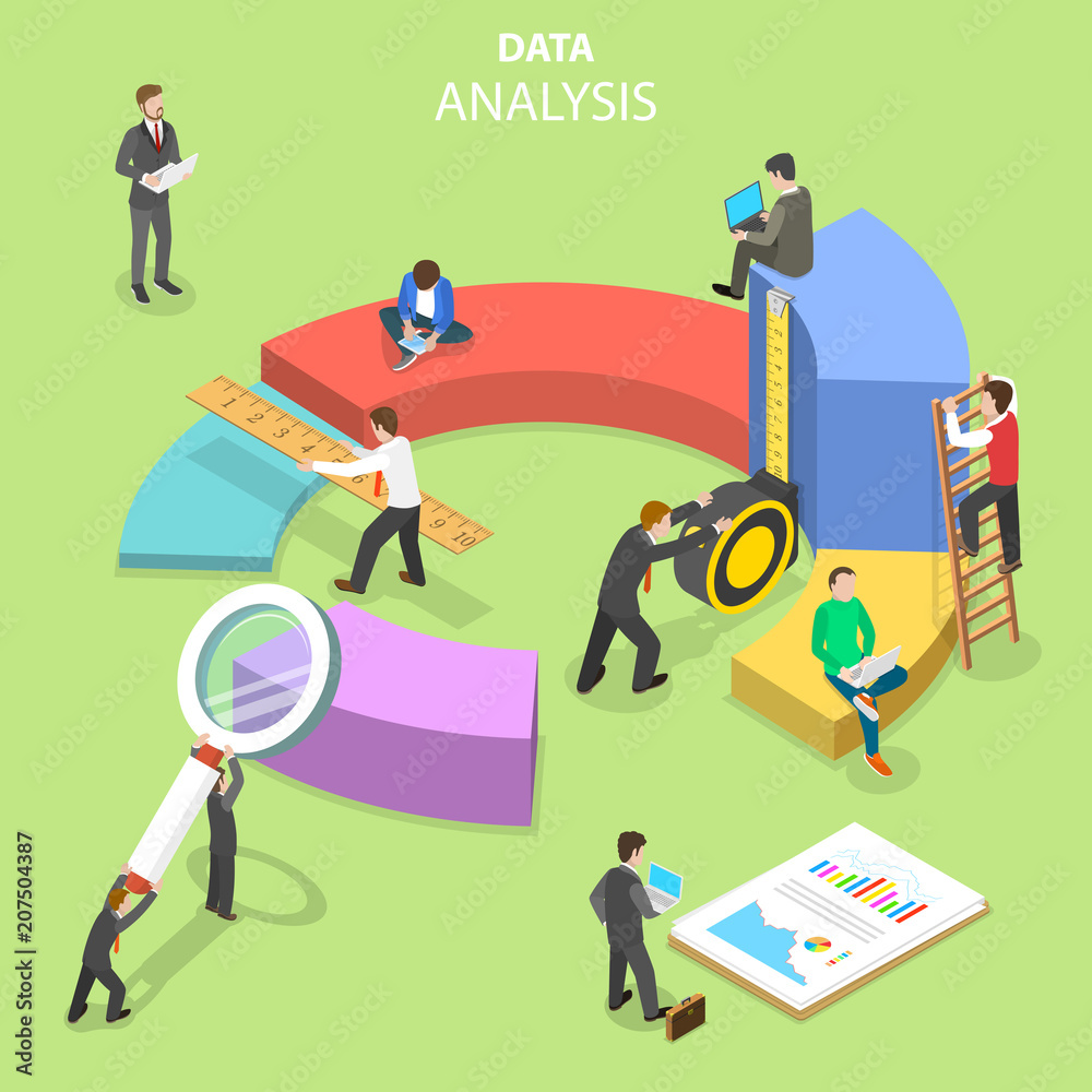 Sticker flat isometric vector concept business statistics and analytics, audit report, company performance a