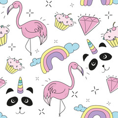 Creative colorful art drawing seamless endless repeating pattern texture with elements like pandicorn, pineapple, rainbow, cupcake