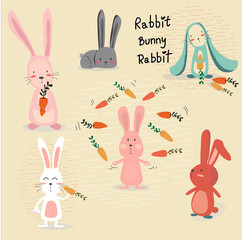 collection of cute rabbit hand drawing cartoons