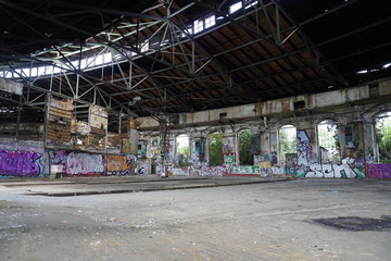 Old abandoned train repair factory (Reichsbahnausbesserungswerk / altes Bahnhofsgebäude) in Leipzig, Germany