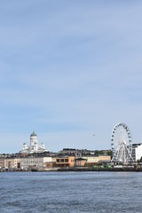 Fototapeta na wymiar The Old Town of Helsinki from the ferry on the way to Suomenlinna island. Finland, Helsinki, 27th May 2018