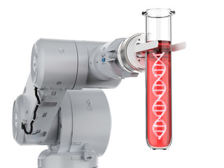 robot holding test tube with dna helix
