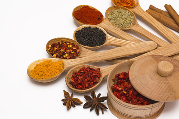 Spice. Spice in a wooden spoon. Herbs. Curry, saffron, turmeric, pepper and other isolated on white background.