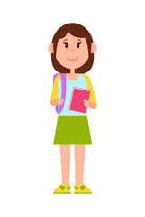 Schoolgirl Stands with Backpack and Pink Notebook