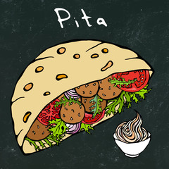 Black Board Background. Falafel Pita or Meatball Salad in Pocket Bread. Arabic Israel Healthy Fast Food Bakery. Jewish Street Food. Realistic Hand Drawn Illustration. Savoyar Doodle Style.