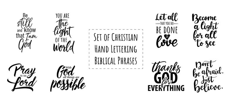 Set of Christian Hand Lettering Biblical phrases. Vector Biblical Calligraphy quotes