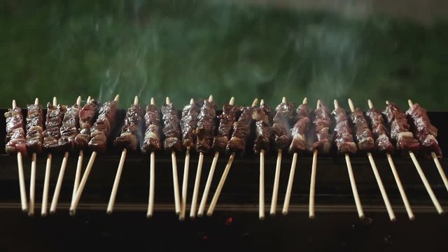 A row of arrosticini on a burning grate.