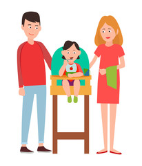 Infant Child Eating from Bowl in Baby Chair Vector