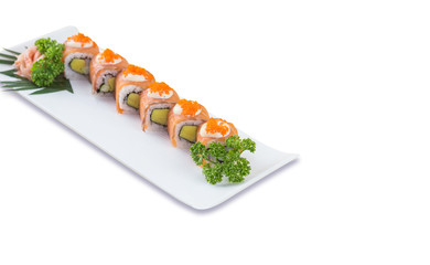 Philadelphia roll sushi with salmon, cucumber, avocado, cream cheese, tobiko caviar. Sushi menu. Japanese food.
