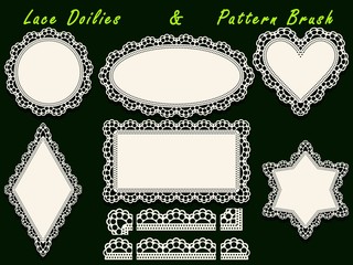 Set of design elements, lace paper doily and pattern brush, template for cutting, greeting element, laser cut. - obrazy, fototapety, plakaty