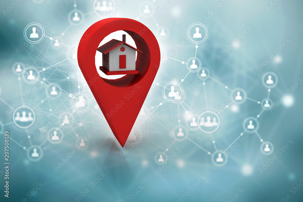 Poster 3d illustration search for property.a map with large red gps pointer containing