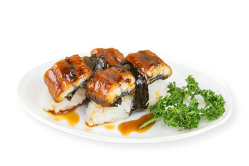 Unagi sushi set or Eel sushi, Japanese food style.(Anago sushi)