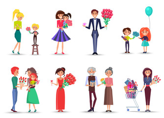 People with Bouquets and Gifts Celebrate Holiday
