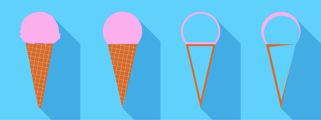 Strawberry cone. several models the first more detailed, the second with geometric shapes and the third and fourth with the form of an increasingly simplified icon. Flat design long shadow style.