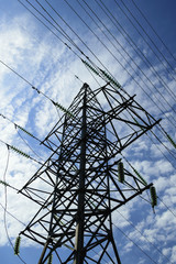 transmission tower, blue sky