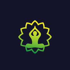 yoga, meditation logo, man in lotus pose and flower