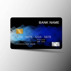 Realistic detailed credit card . Blue and black color on the gray background.
