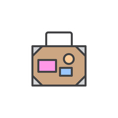 Travel Suitcase with tags filled outline icon, line vector sign, linear colorful pictogram isolated on white. Luggage with labels symbol, logo illustration. Pixel perfect vector graphics