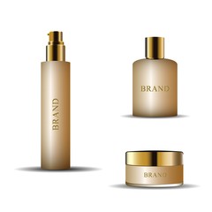 Luxury product mock up design. Cosmetic set. gold color on white background vector illustration EPS 10.