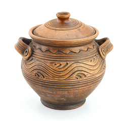 clay ethnic dishes on white background