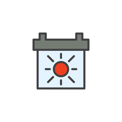 Calendar with sun filled outline icon, line vector sign, linear colorful pictogram isolated on white. Travel day symbol, logo illustration. Pixel perfect vector graphics