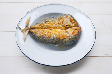 Fried Mackerel on a white plate
