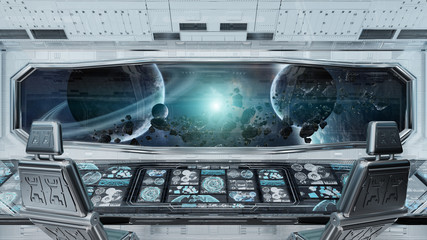 White clean spaceship interior with view on planet Earth 3D rendering © sdecoret