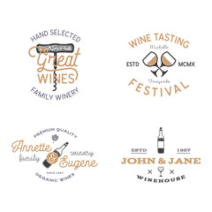 Fototapeta premium Wine shop badges templates in typography style perfect for winery, vineyard or any drink store. Retro monochrome design will be good on any identity - t shirts, prints, bottles. Stock labels