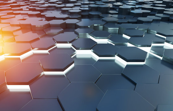 Black blue and orange hexagons background pattern 3D rendering