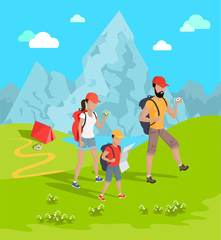 Travelers and Mountains Flower Vector Illustration